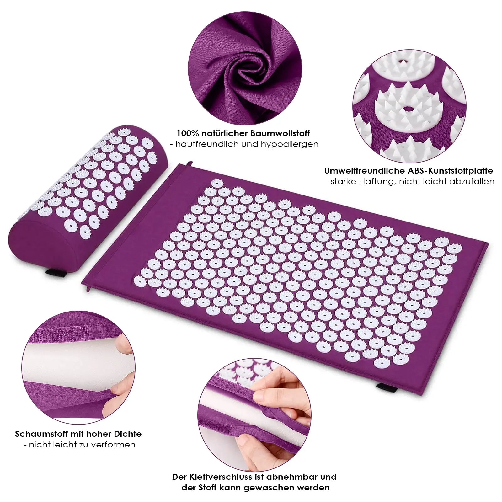 Purple acupressure mat with white nodes on a white background