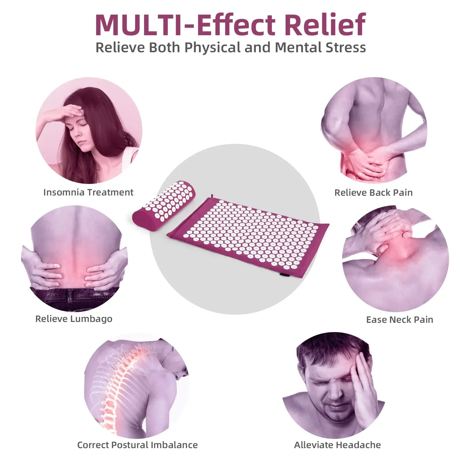 Acupressure mat with relief effects on physical and mental stress on a white background