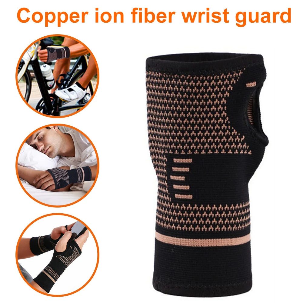 Copper ion fiber wrist guard with usage scenarios on a white background