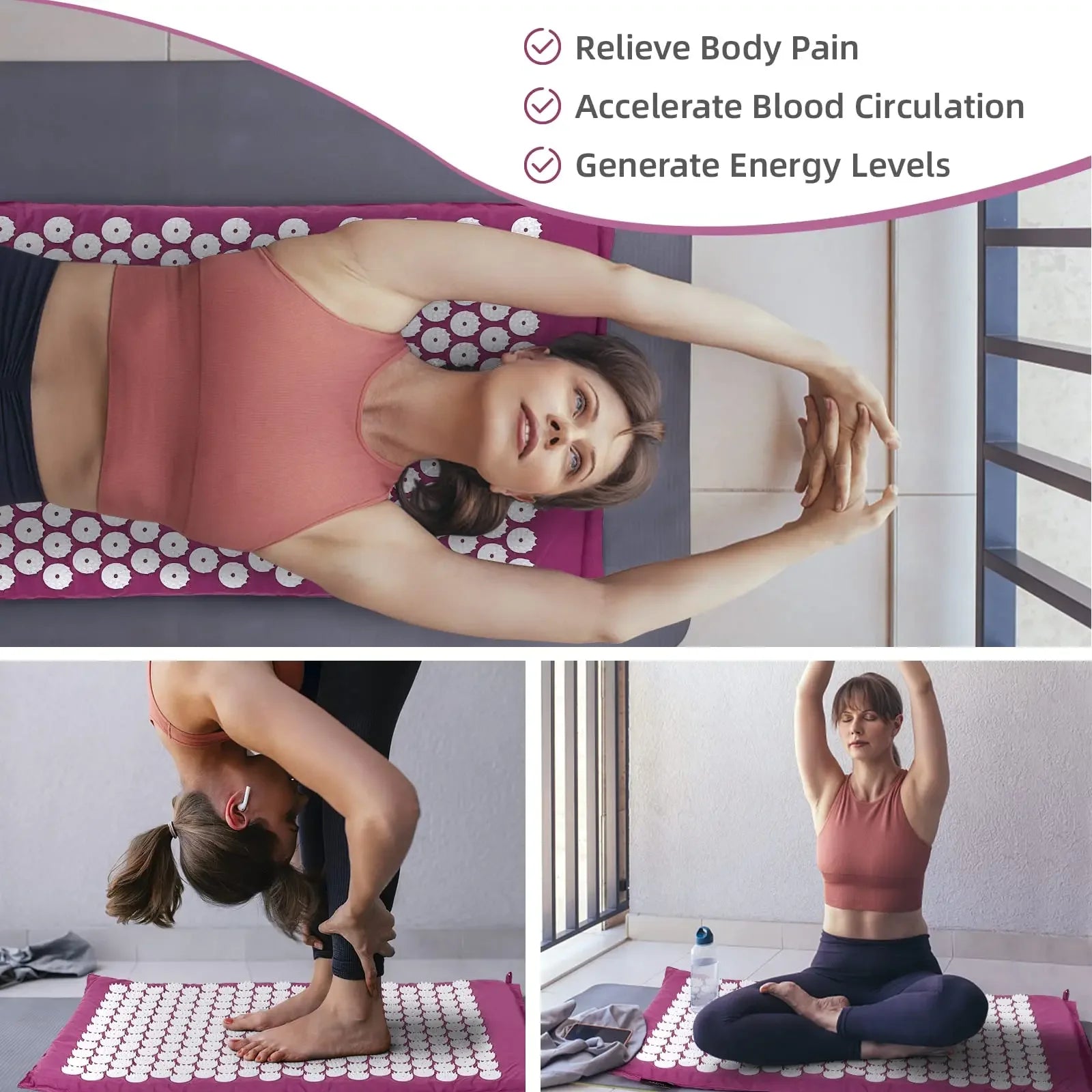 Woman using an acupressure mat with text benefits on a white background