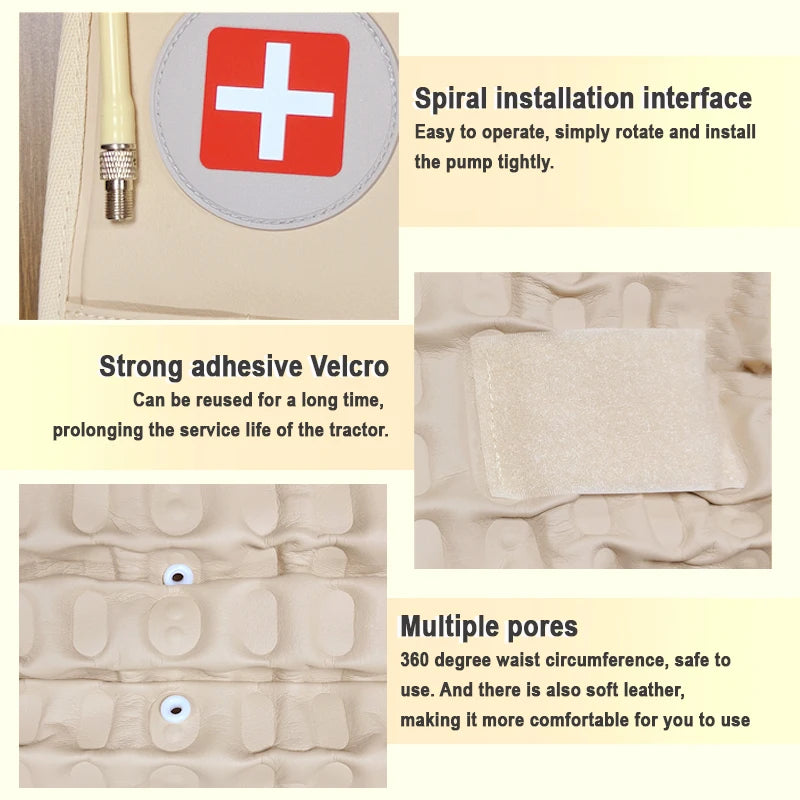 Product features with text on adhesive Velcro, spiral installation interface, and multiple pores.