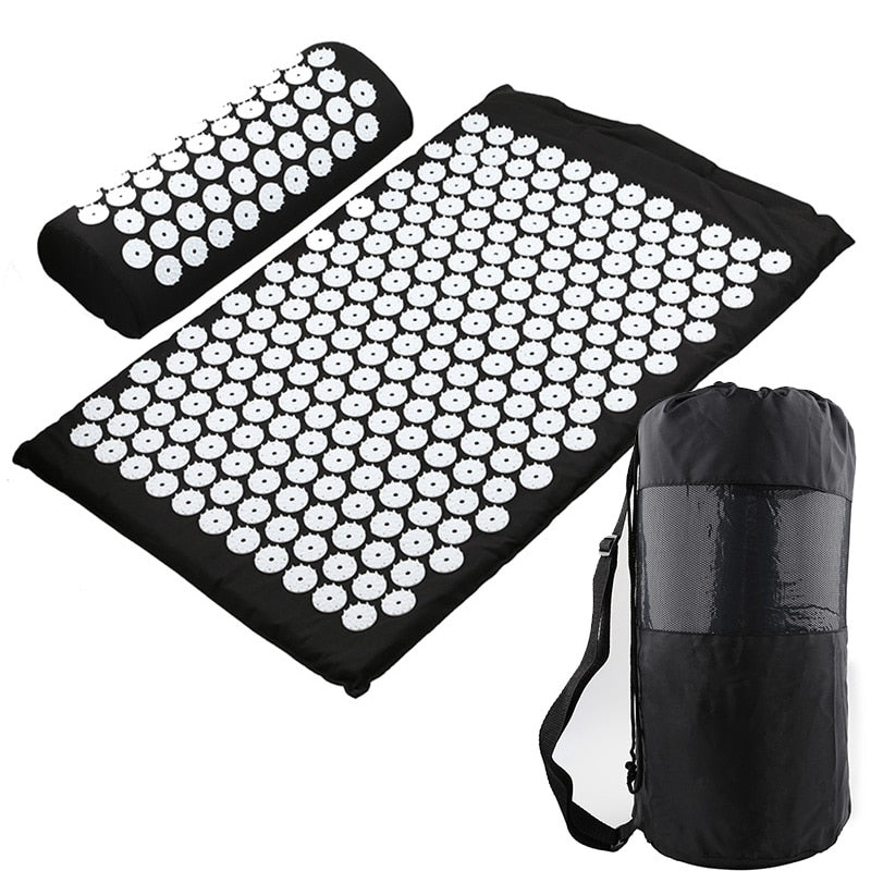 Acupressure mat with corresponding carrying bag on a white background