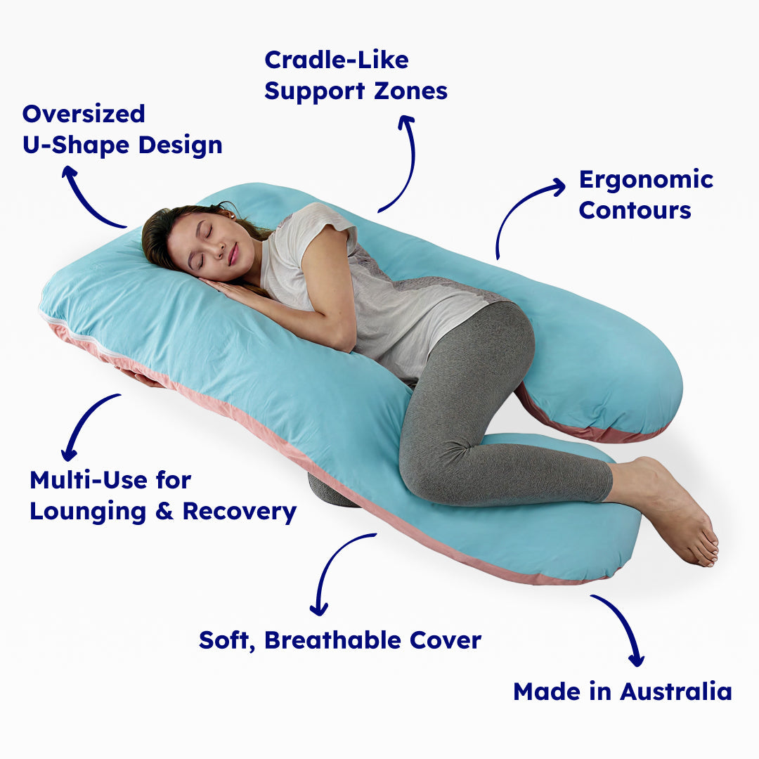 Relisora U-shaped body pillow with text highlighting features, used by a person for lounging and recovery.