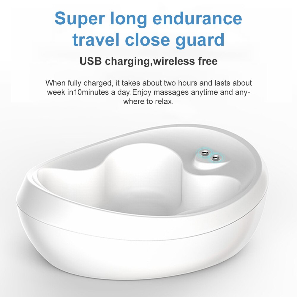 White electronic device with text about USB charging and wireless use on a light gray background