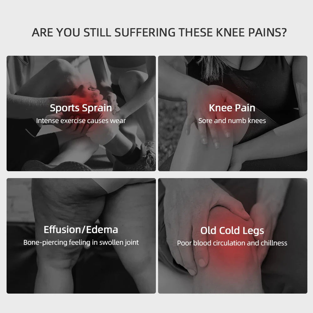 Four images showing different knee issues with text labels and descriptions.