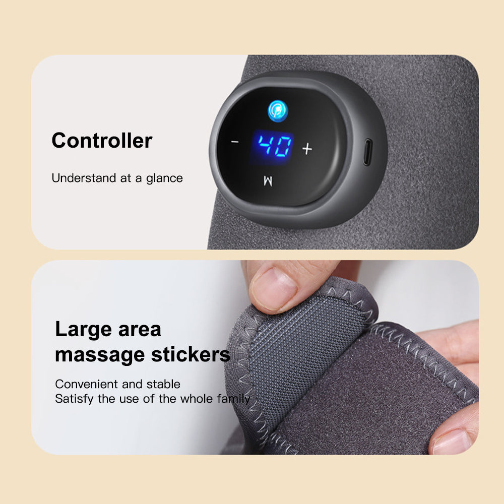 Controller with digital display and massage stickers being worn on a wrist, on a beige background.