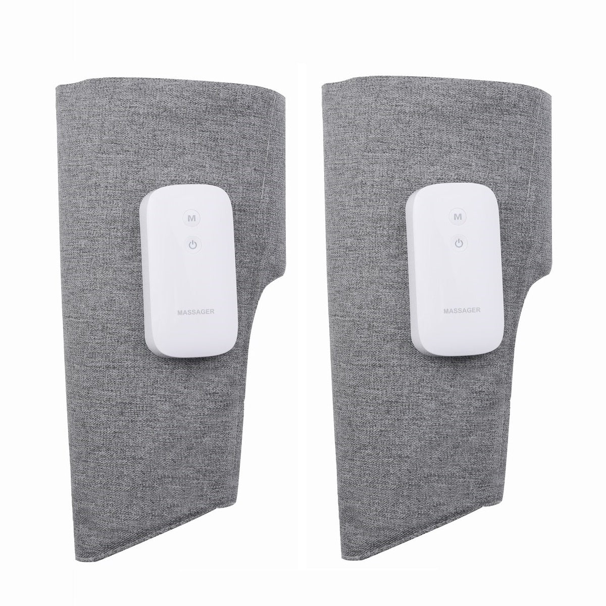 Air compression leg massager front view showing wrap design with controller, optional heat and vibration, cordless and adjustable for calves and thighs.