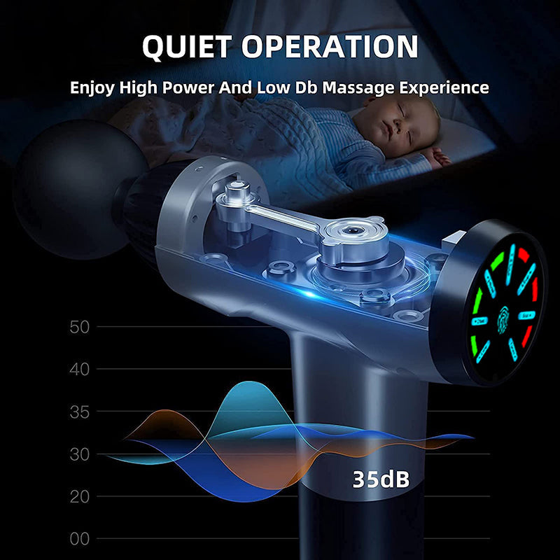 Massage device with waveforms and dB display on a dark background