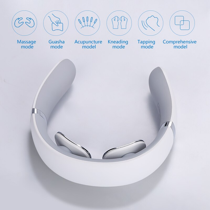 Neck massager with mode icons on a light gray background
