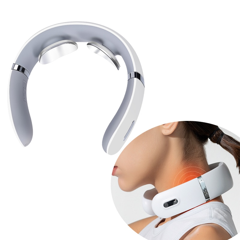White neck massager on a white background with a close-up of a person wearing it.