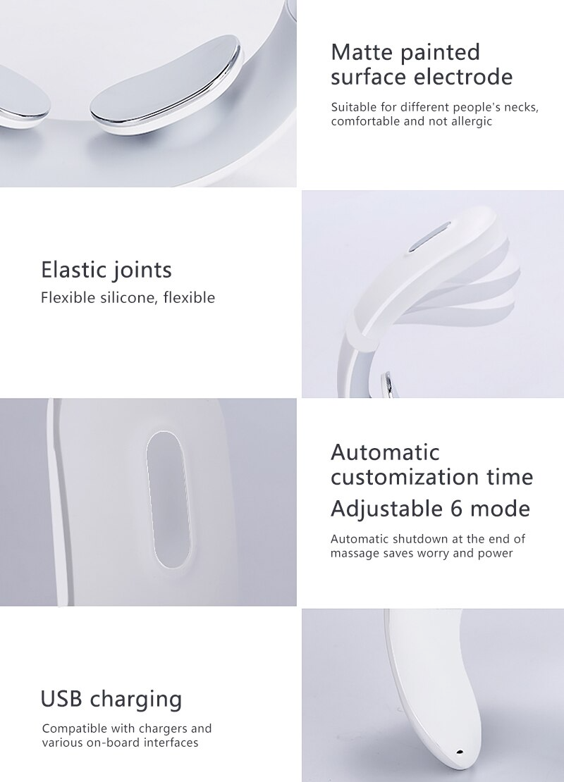 Product features including matte painted surface electrode, elastic joints, automatic customization time, and USB charging on a white background.