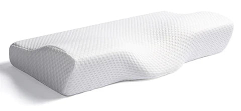 Relisora Orthopaedic memory foam pillow, front view, contoured for neck support with a breathable, removable, machine-washable cover for all sleep positions.