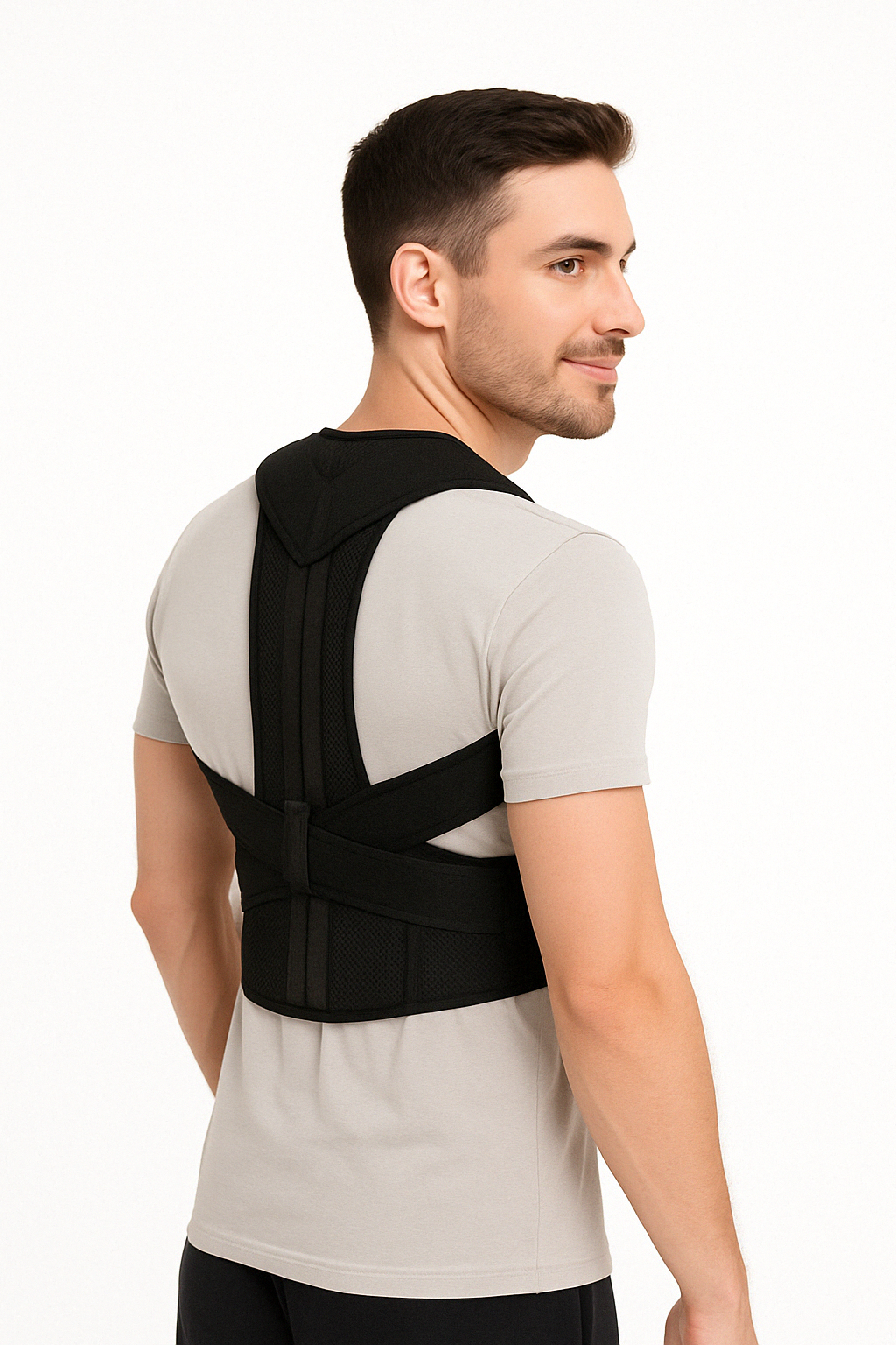 Relisora Posture corrector back brace, hero front view, breathable padding with cross-strap design that helps support upright shoulder alignment.