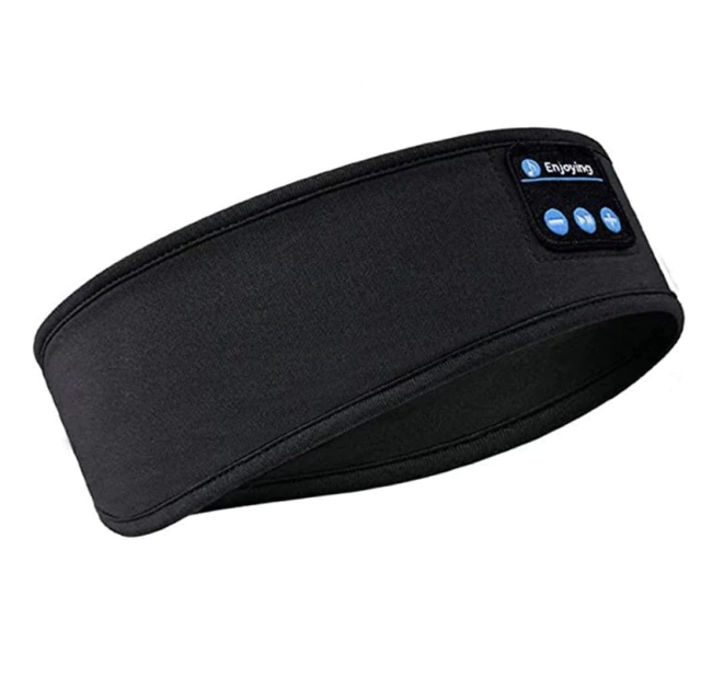 Comfy sleep headband and mask, hero view, showing soft stretch fabric with flat Bluetooth speakers designed to help side sleepers rest comfortably.