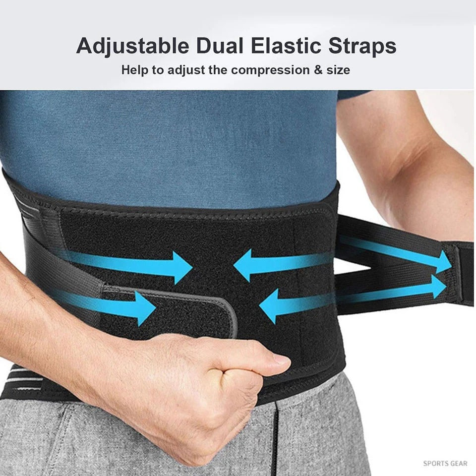 Person wearing an adjustable black waist support belt with dual elastic straps and blue arrows indicating movement.