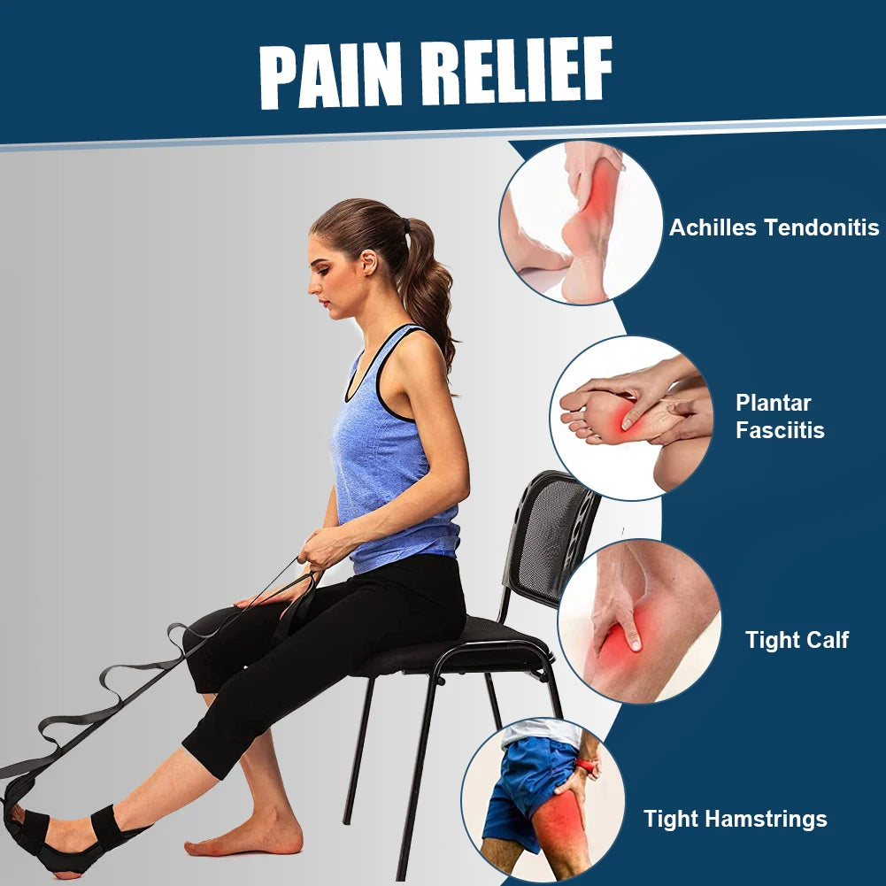 Woman using a leg stretcher with pain relief features highlighted on a blue background
