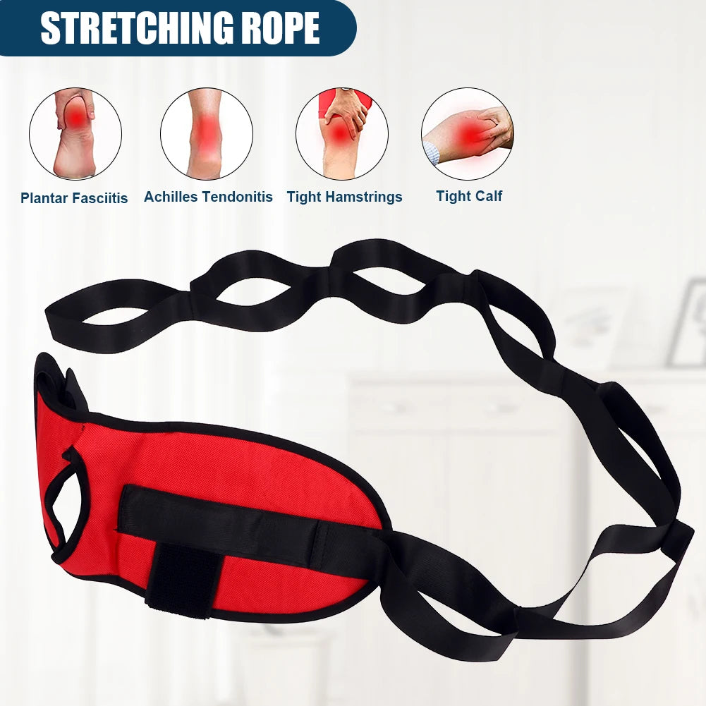 Red and black stretching rope with pain relief icons on a white background