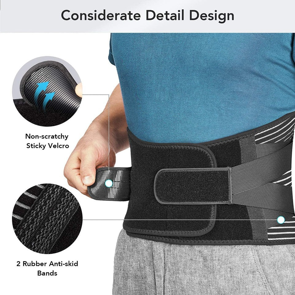 Person wearing a black back support belt with detailed features highlighted.