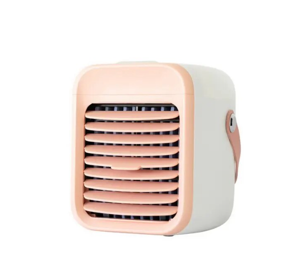 Small portable air conditioner with pink accents on a white background