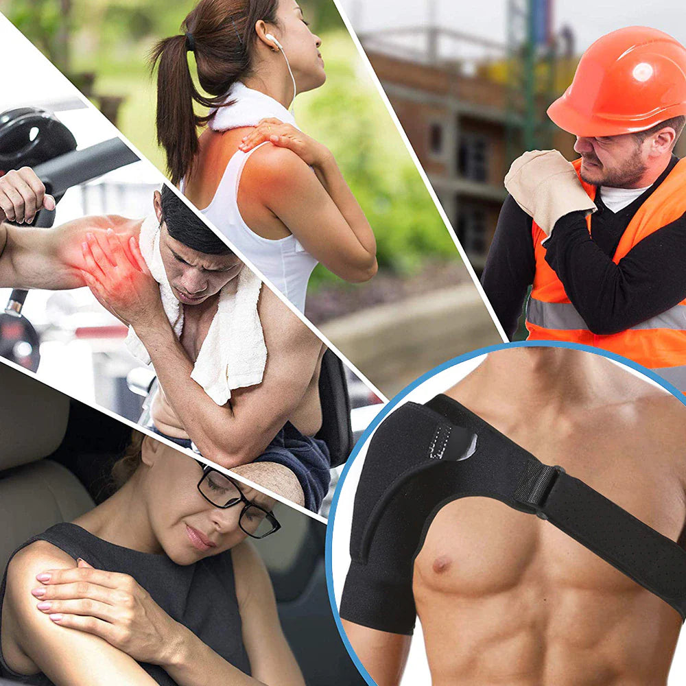 Collage of people experiencing shoulder pain with a close-up of a shoulder brace.