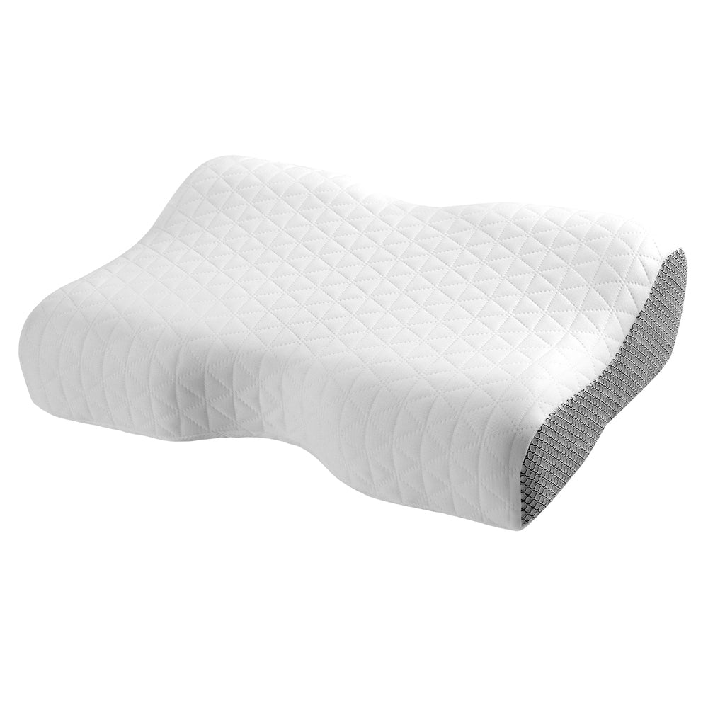 Ergonomic contour memory foam pillow in white showing dual-height neck support design and breathable mesh side panel.