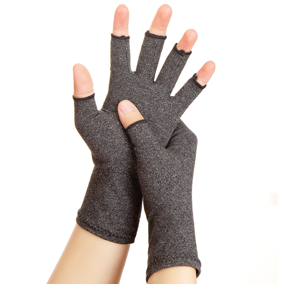 Fingerless compression arthritis gloves in black shown front-on, highlighting breathable cotton-poly knit and open fingertips that support everyday dexterity.