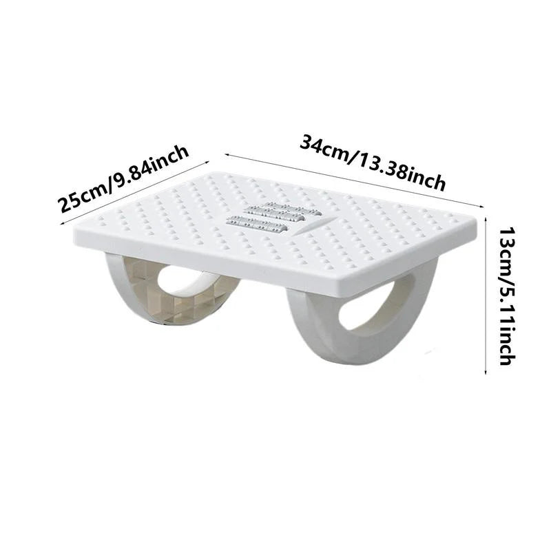 White shower seat with dimensions labeled on a white background