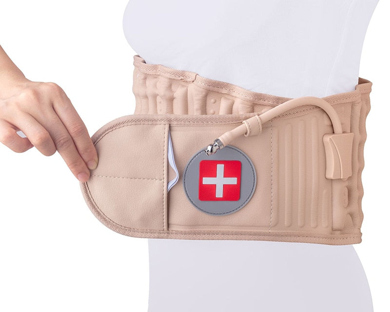 Beige waist support belt with a red cross emblem on a white background