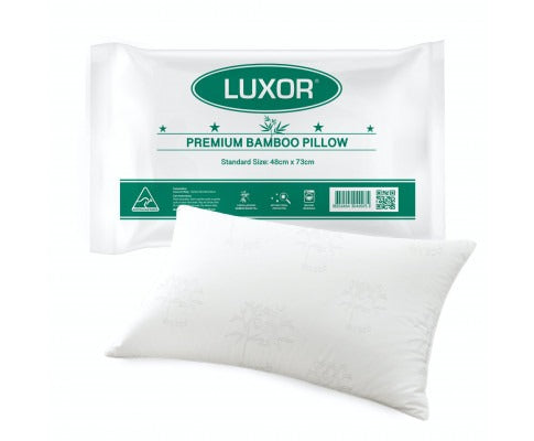 Australian-made bamboo cooling bed pillow, front view, standard 48 x 73cm size with breathable bamboo microfibre cover for cooler sleep.