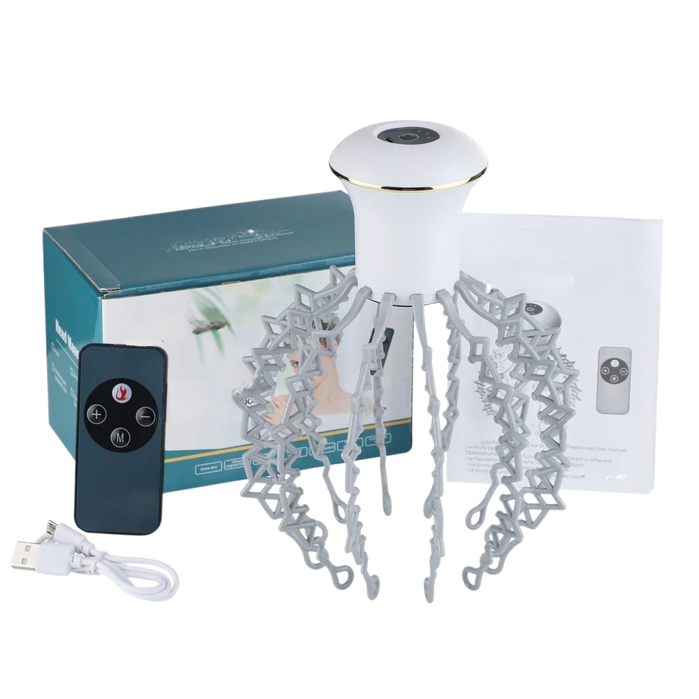 head massager shown front on with 120 soft touchpoints and six modes, designed for gentle scalp relaxation without hair pulling.