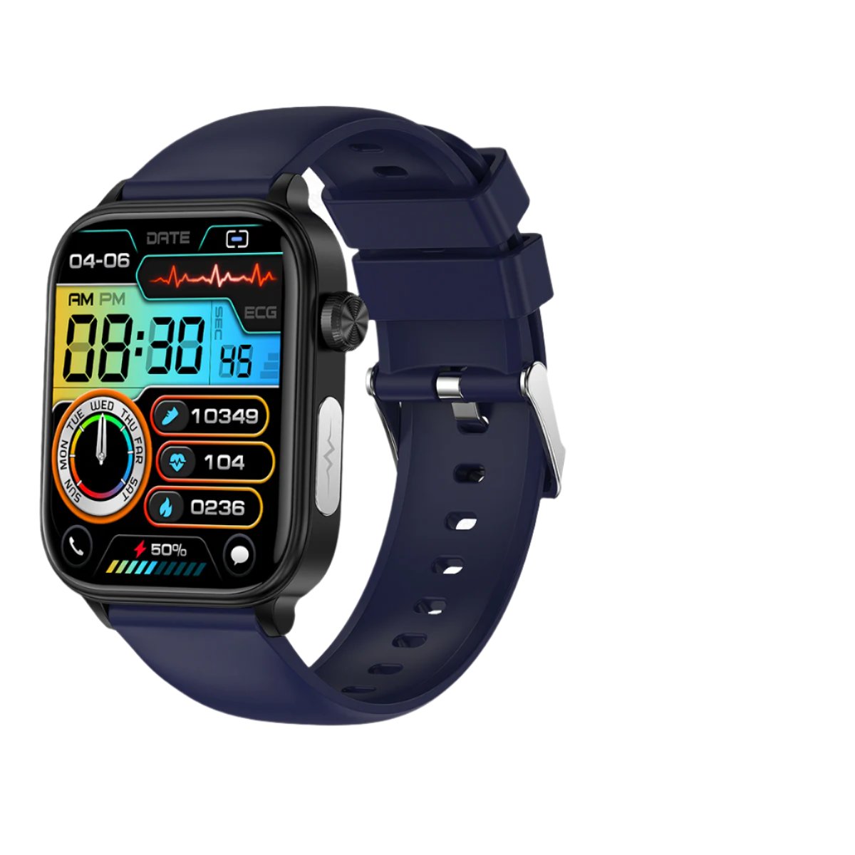 Health and fitness smart watch with 1.96 inch IPS touchscreen, front view showing heart rate and daily activity tracking.