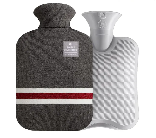 One litre hot and cold water bag in front view with removable knitted cover and wide mouth cap, designed for safe, reusable comfort at home.