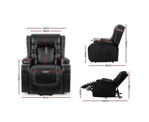 Black recliner chair with dimensions labeled on a white background