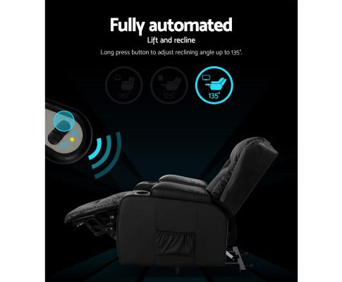 Black recliner chair with automation features on a dark background