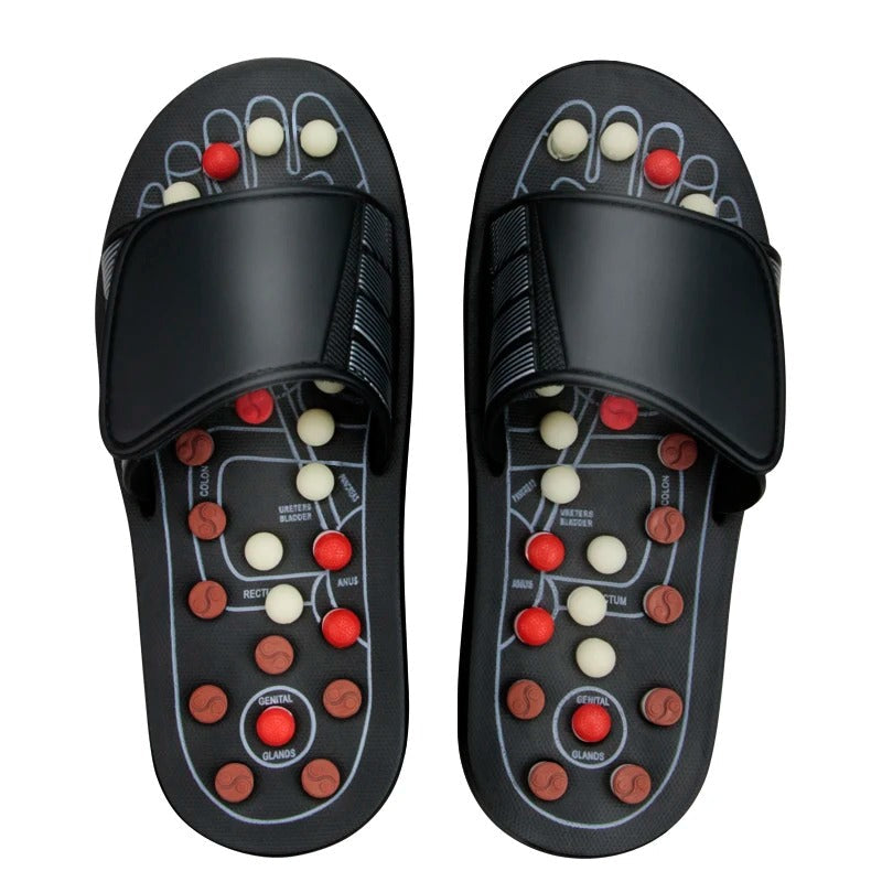 Foot reflexology massage slippers shown front angle with 82 massage points and adjustable strap, designed for short daily acupressure sessions.