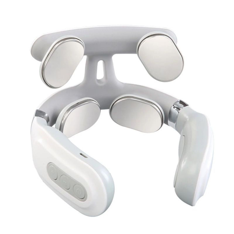 4 head cervical neck massager in white, showing stainless steel electrode plates and gentle heating to support neck comfort.