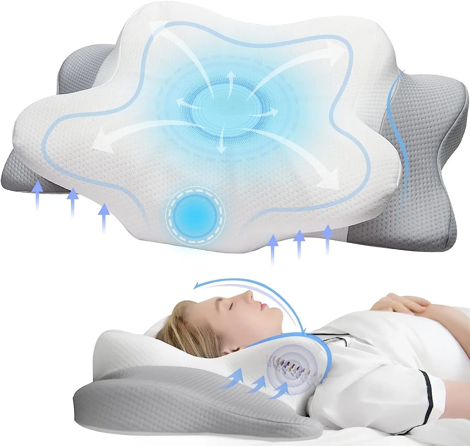 Orthopaedic contour memory foam neck pillow, front view with contoured sides and breathable cover supporting neck alignment.