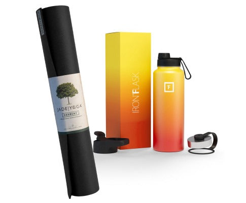Relisora yoga mat and stainless steel bottle bundle supporting yoga practice and convenient hydration.