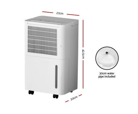 Dehumidifier with dimensions and water pipe length indicated on a white background