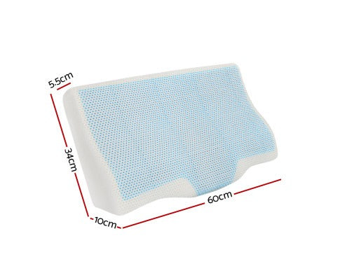 Blue and white pillow with dimensions marked on a white background