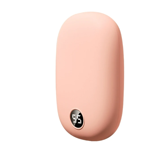 Pink handheld device with digital display on a white background