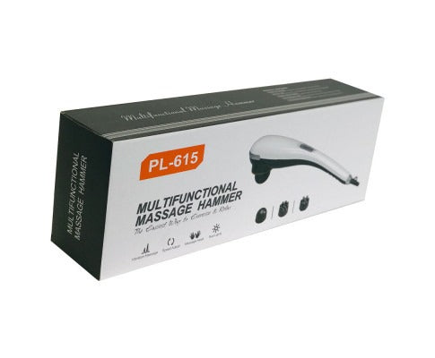 Box of a multifunctional massage hammer with branding and product details.