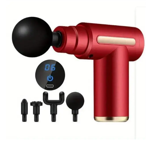 Red massage gun with attachments on a white background
