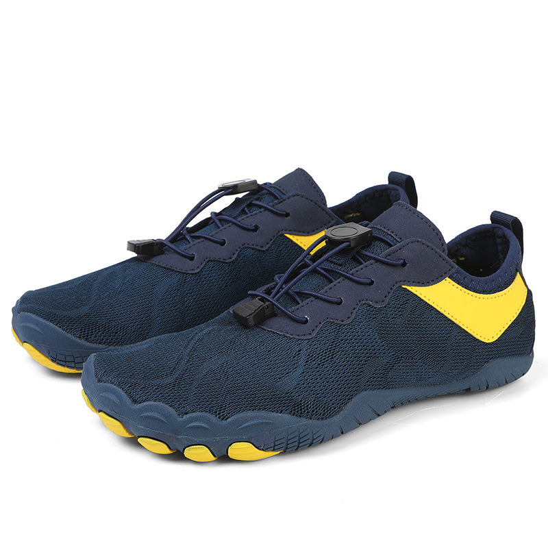 Unisex barefoot quick drying aqua water shoes shown from a front angle with breathable air mesh upper and non slip rubber sole for secure footing.