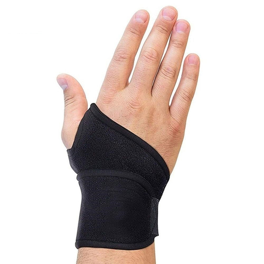 Carpal tunnel wrist brace, front view in black, adjustable wrap design for left or right hand, showing breathable cotton construction for everyday desk use.