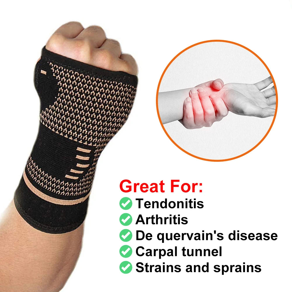 Black wrist support brace on a wrist with an inset showing pain and text listing conditions it helps.