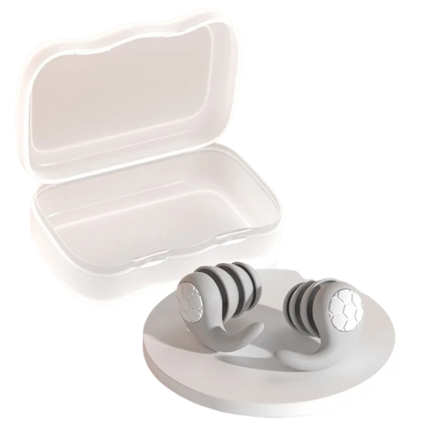 White earbud case with open lid and earbuds on a white background