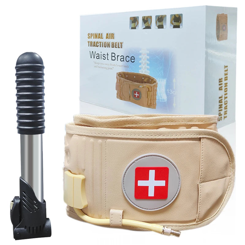 Spinal air traction belt with pump and packaging on a white background