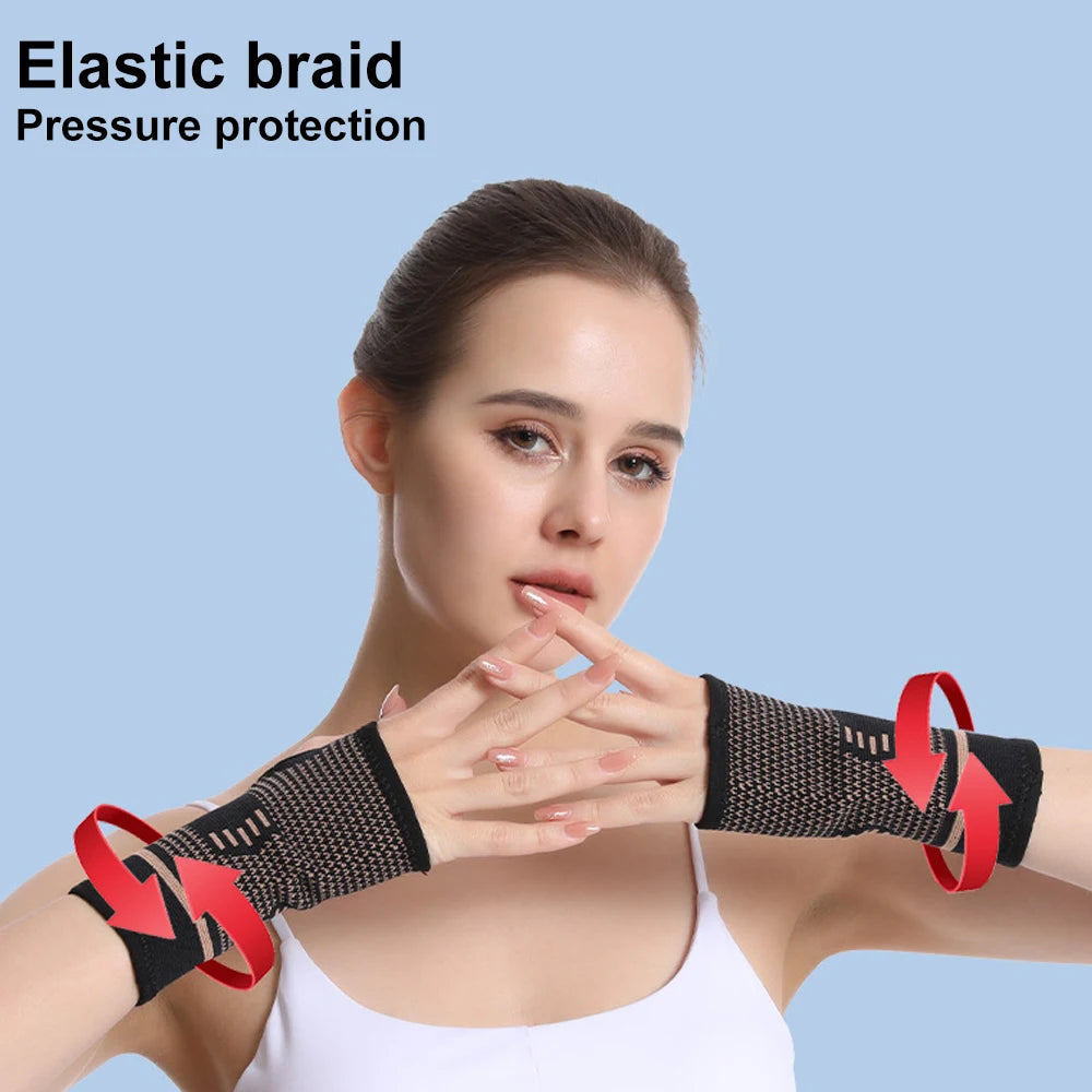 Woman wearing an elastic braid pressure protection device on a blue background