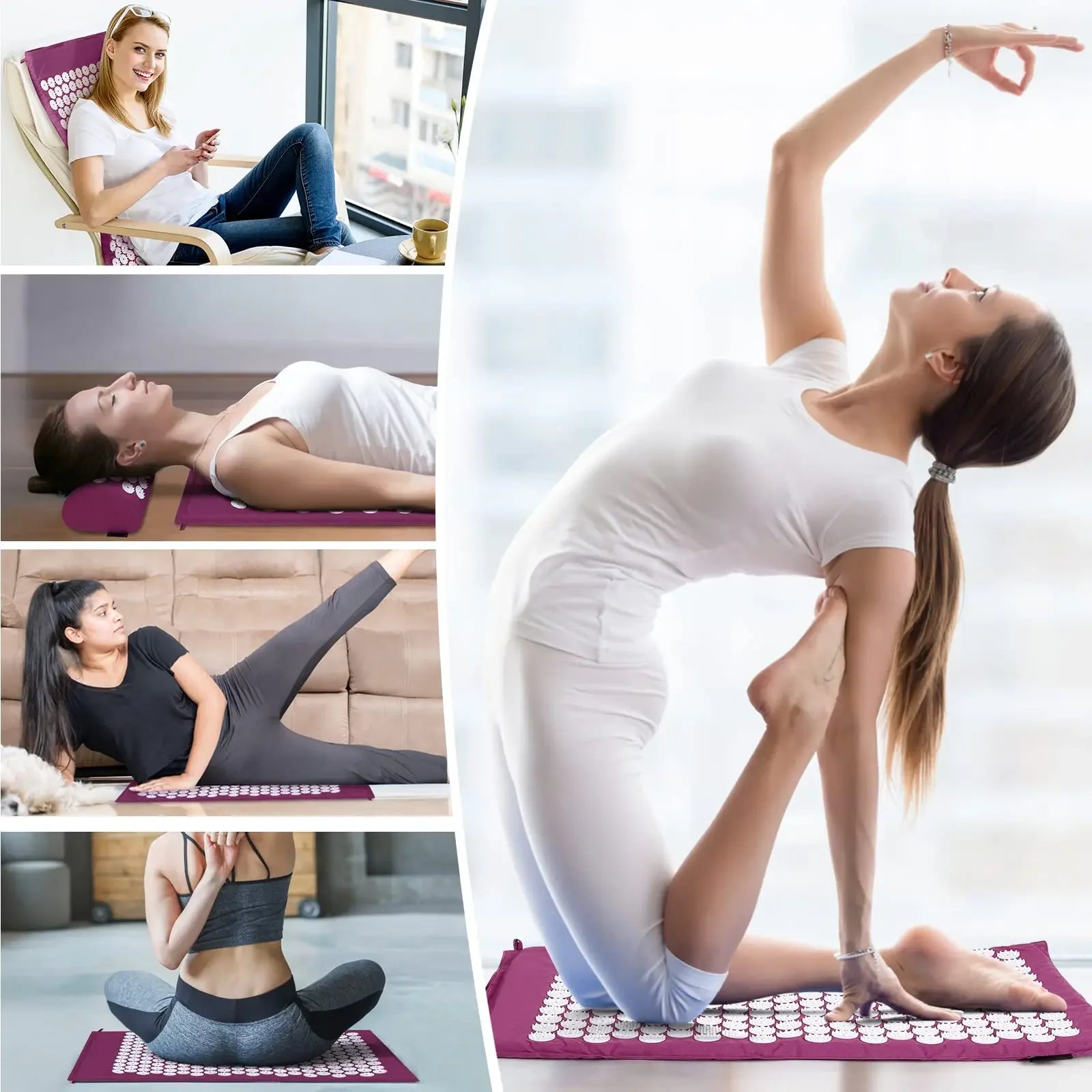 Woman practicing yoga on an acupressure mat with various poses.